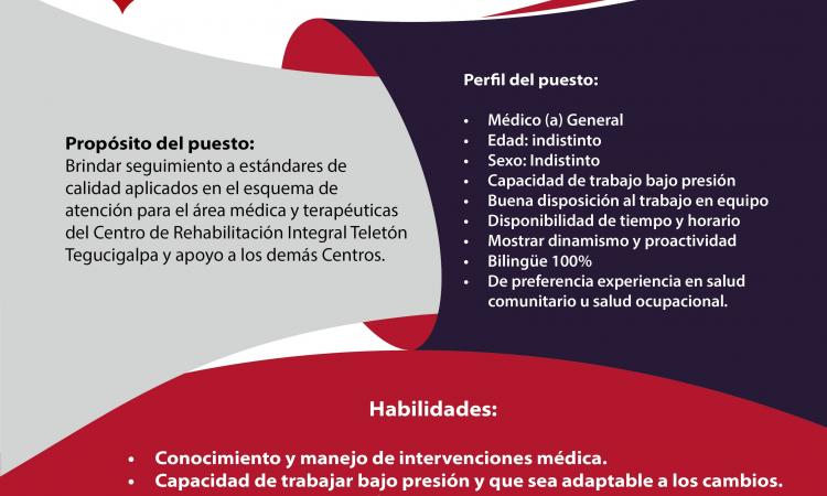 Plaza disponible en el Centro de Rehabilitación Integral Teletón Tegucigalpa