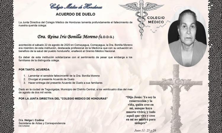 Obituario Dra. Reina Iris Bonilla Moreno (Q.D.D.G.)