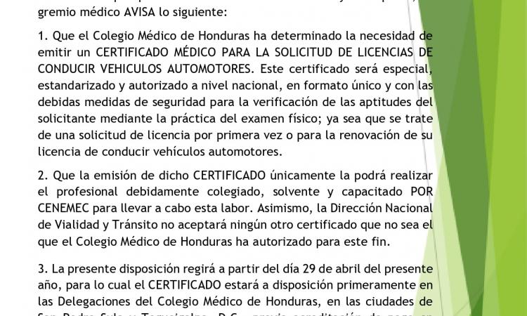 COMUNICADO AL GREMIO MÉDICO - CERTIFICADO VIAL